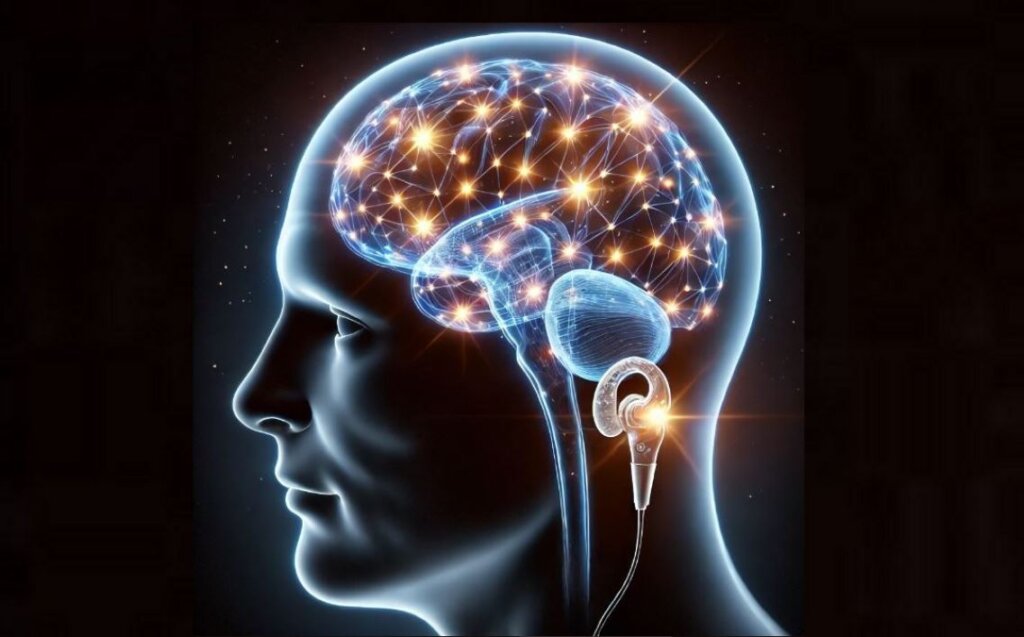 Representación de un cerebro humano con conexiones neuronales activas, destacando el impacto de un implante coclear en la reducción del tinnitus.