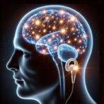 Representación de un cerebro humano con conexiones neuronales activas, destacando el impacto de un implante coclear en la reducción del tinnitus.