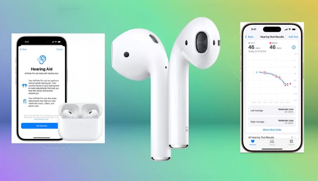 Una imagen de los AirPods Pro 2 en uso, destacando la función de audífono.