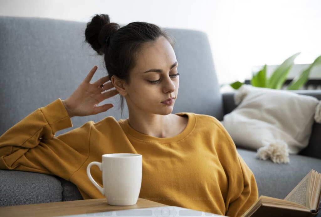 Tomando café por la mañana con un gráfico de ondas de sonido representando la posible pérdida auditiva relacionada con el consumo excesivo de cafeína.