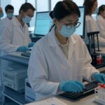 Equipo de investigación trabajando en desarrollo preclínico de terapias neurológicas en laboratorio de alta tecnología